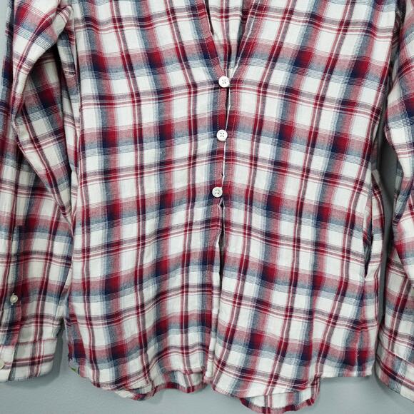 Horny Toad Flannel Tunic Top Sz S Red Cream Plaid Gathered Back Shirt Pockets LS - Picture 13 of 14